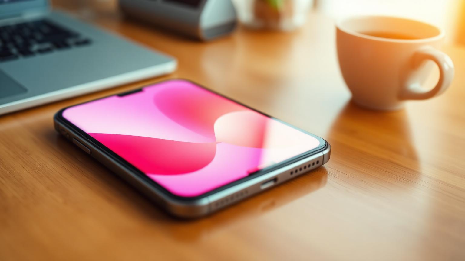 Smartfon z kolorowym gradientem obok laptopa i filiżanki kawy
