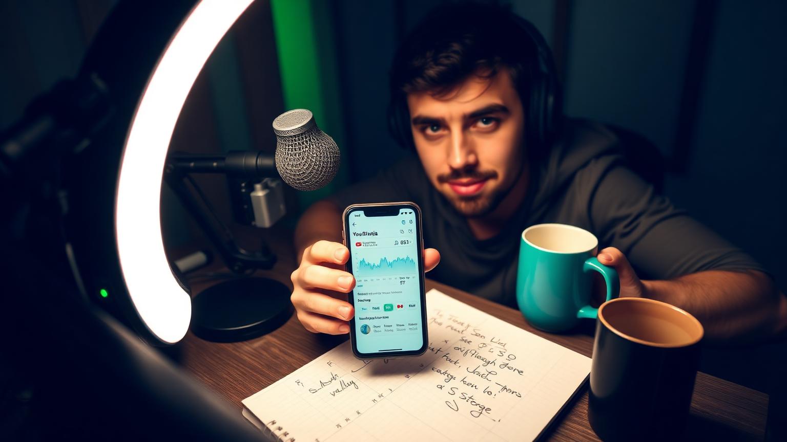 Twórca pokazuje statystyki YouTube na telefonie obok mikrofonu i lampy pierścieniowej