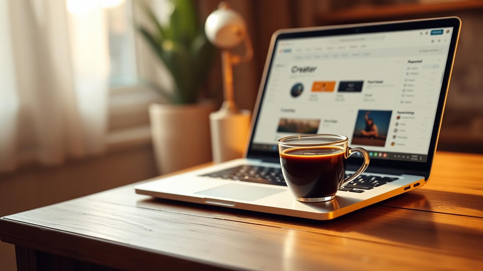 Filiżanka kawy obok laptopa z panelem twórcy